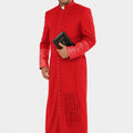 Man wearing a red robe holding a holy book on a white background