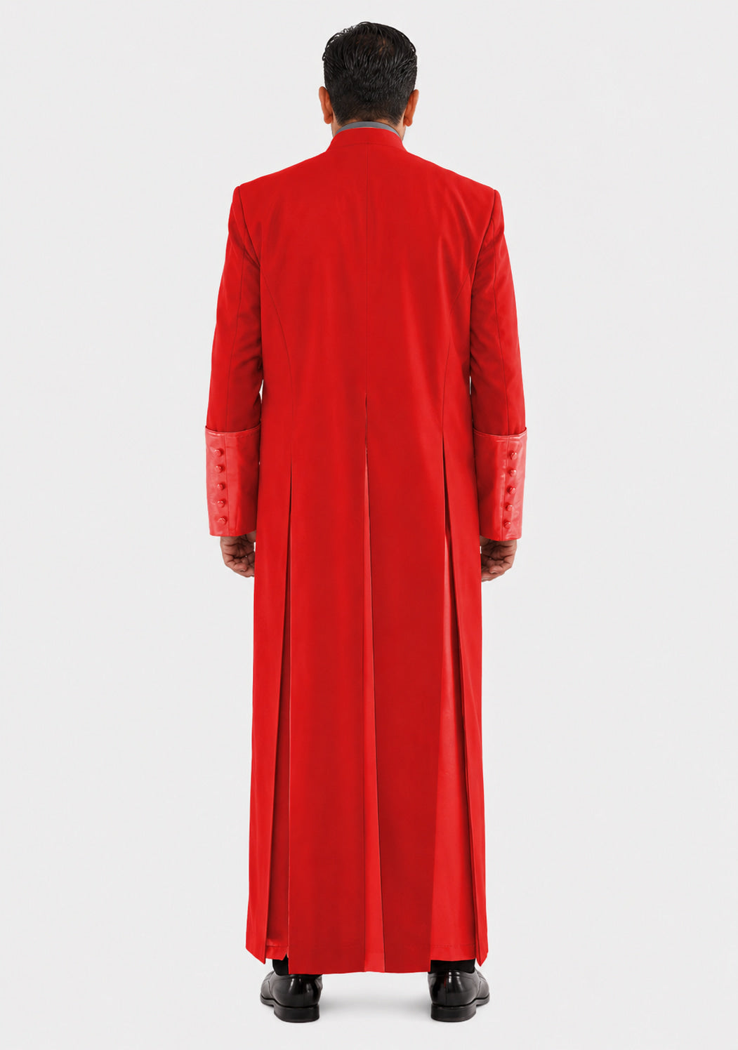 Red robe worn by a man on a white background