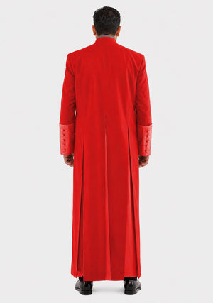 Red robe worn by a man on a white background