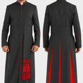 Black robe with red accents worn by a model on a white background