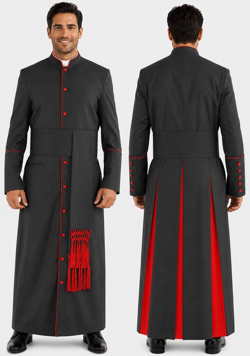 Black robe with red accents worn by a model on a white background