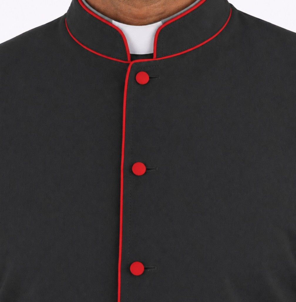 Black coat with red buttons on a white background