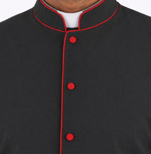 Black coat with red buttons on a white background