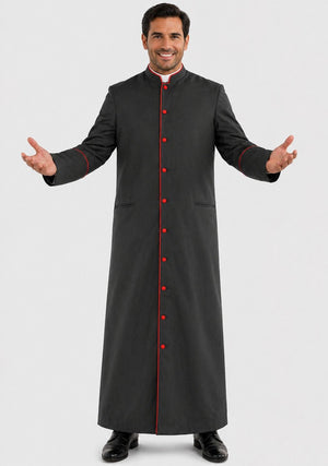 Man wearing a long black robe with red buttons on a white background