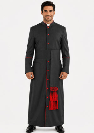 Man wearing a black clerical robe with red accents on a white background
