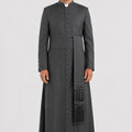 Man wearing a gray priest's robe with a stole on a white background