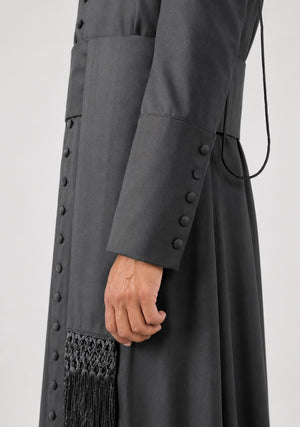 Gray coat with button details on a white background