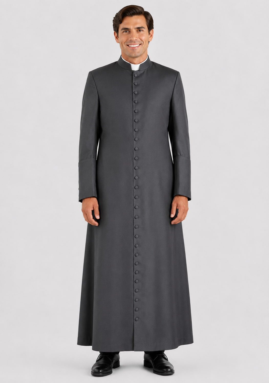 Man wearing a gray priest's coat on a light gray background