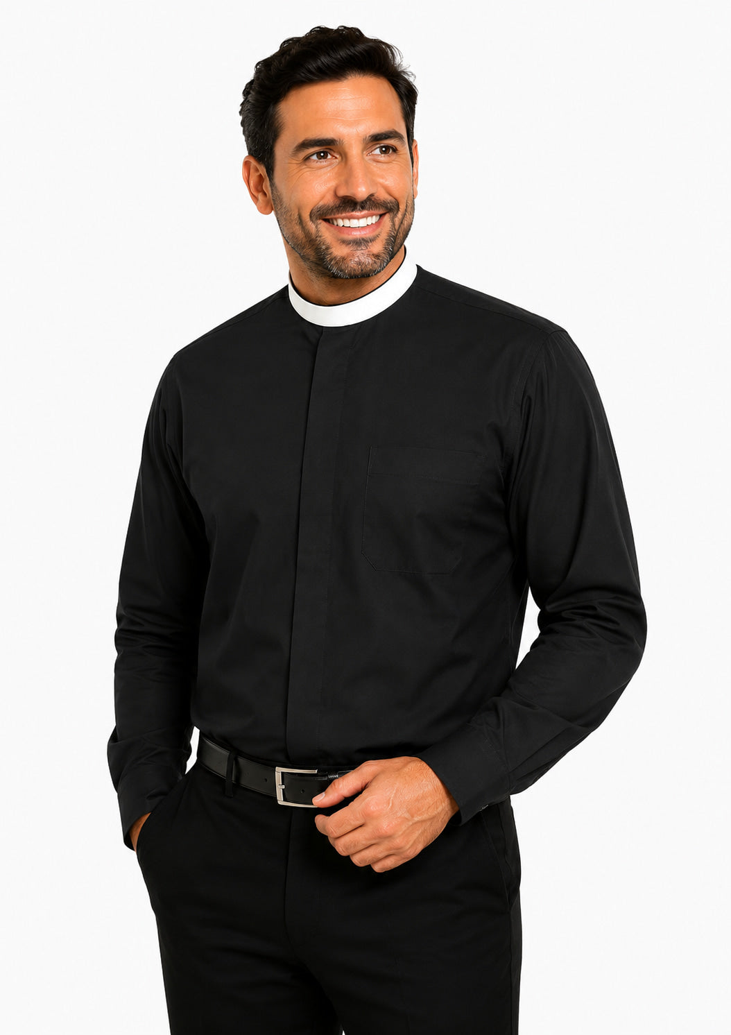 Man wearing a black long-sleeve clerical shirt with a white collar against a light gray background