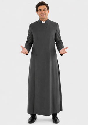 Man wearing a gray priest's robe on a white background