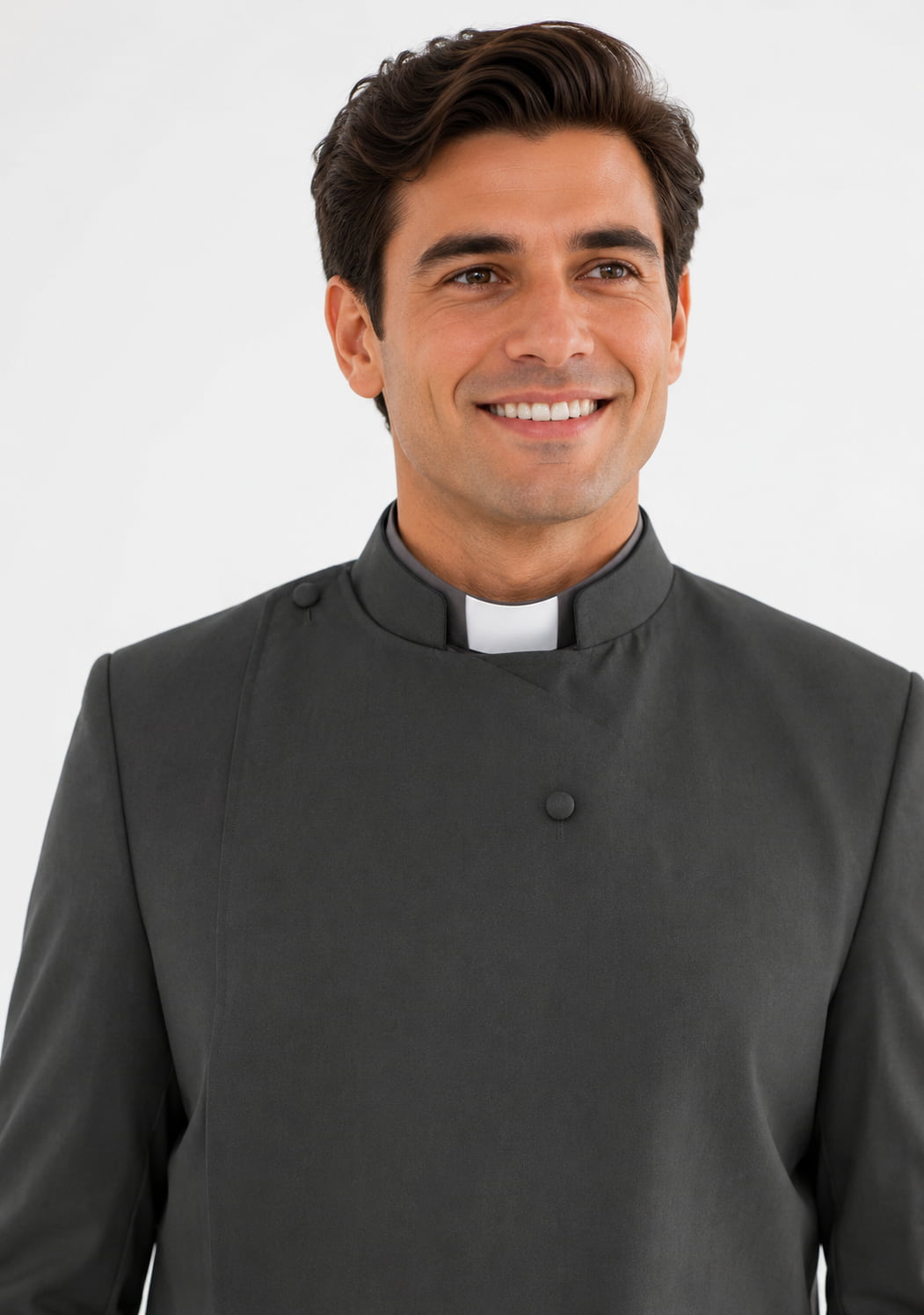 Priest wearing a gray cassock on a white background