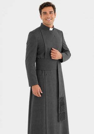 Priest wearing a gray cassock on a white background