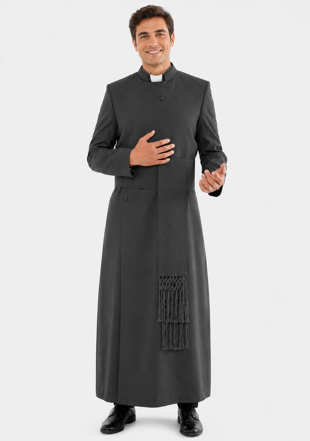 Man wearing a black cassock on a white background