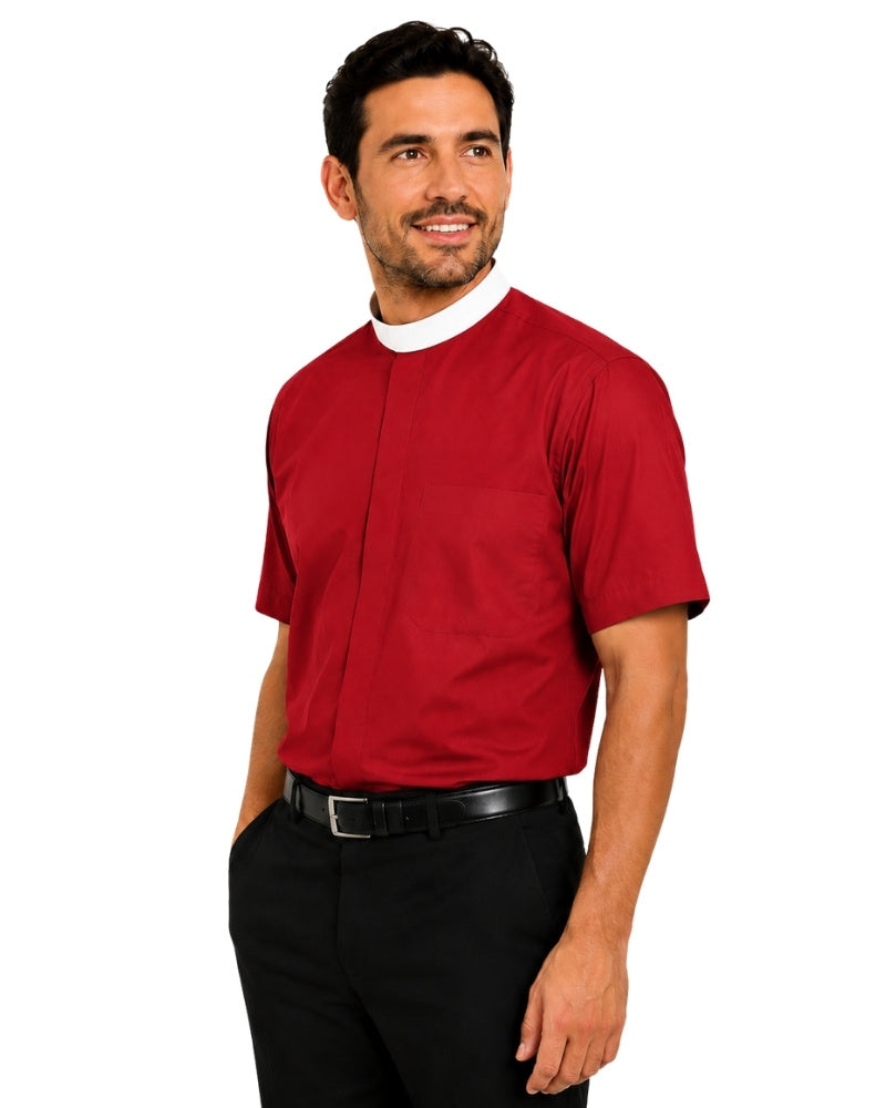 Man wearing a red clerical shirt with a white collar on a white background