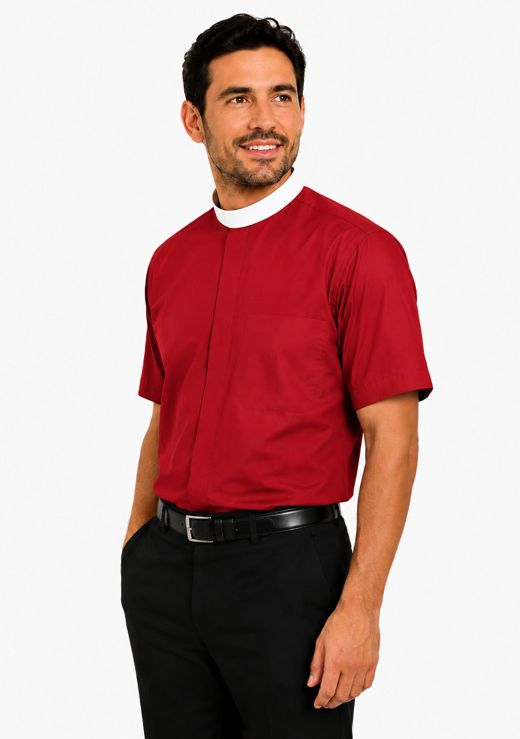 Man wearing a red clerical shirt with a white collar on a white background