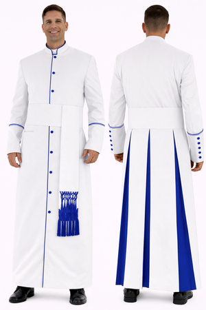 White robe with blue accents worn by a model, front and back views, on a white background