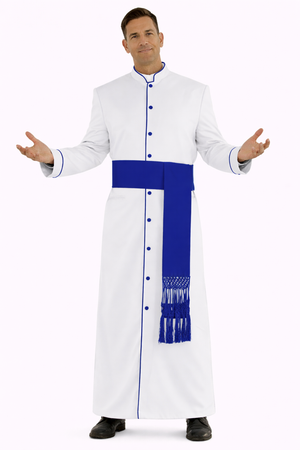 Man wearing a white robe with a blue sash on a white background
