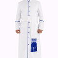 Man wearing a white robe with blue accents on a white background