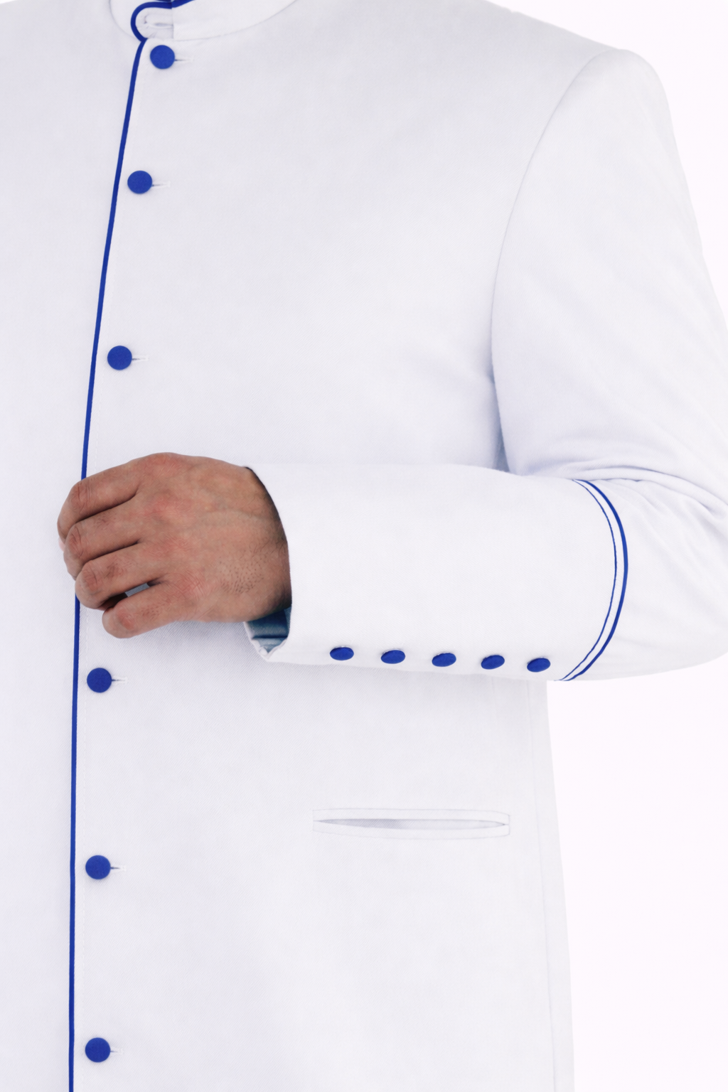 White robe with blue buttons on a white background