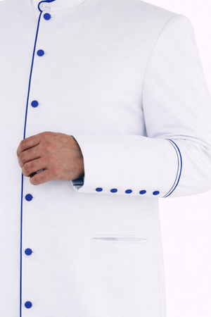 White robe with blue buttons on a white background
