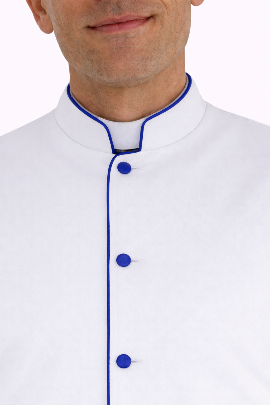 White robe with blue buttons on a white background