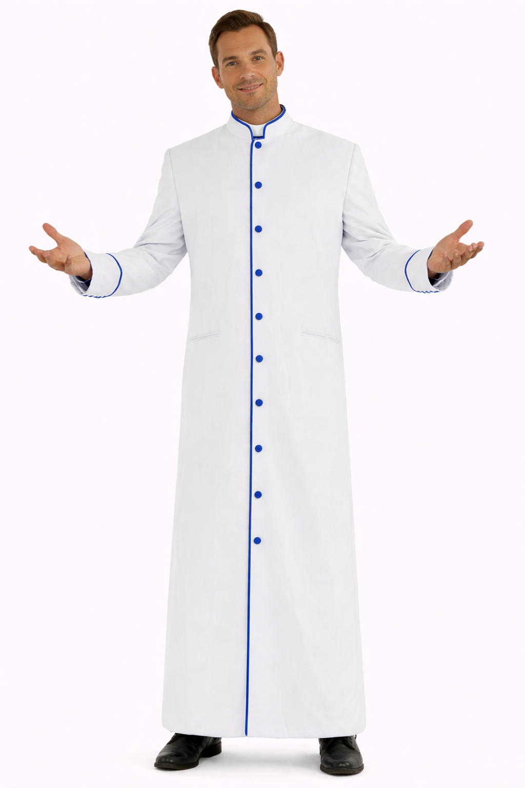 Man wearing a long white robe with blue buttons on a white background