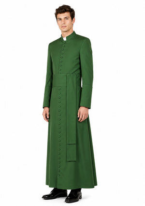 Man wearing a long green robe with buttons on a white background