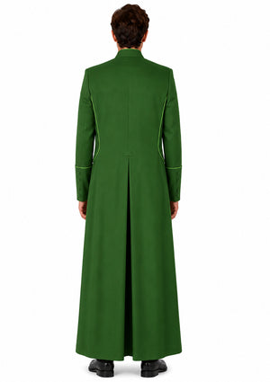 Green robe worn by a man on a white background