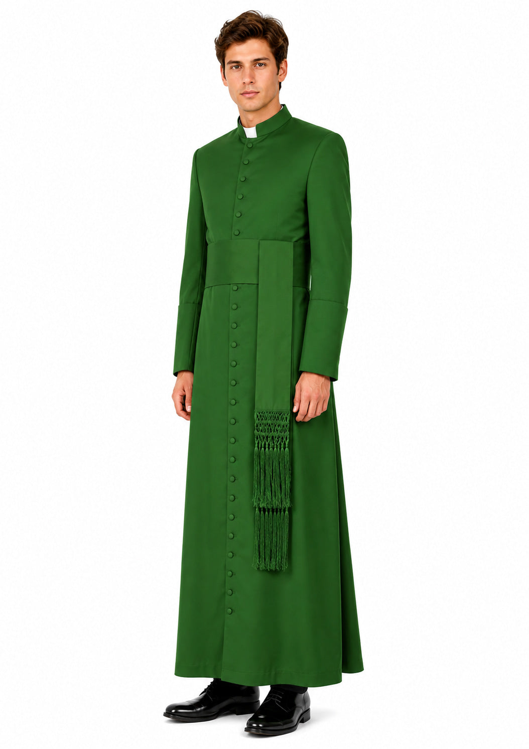 Man wearing a green cassock with a stole on a white background