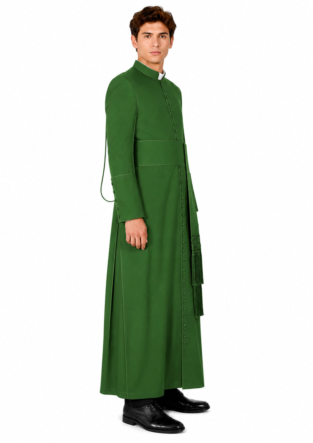 Man wearing a long green robe on a white background