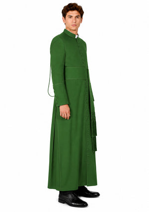 Man wearing a long green robe on a white background