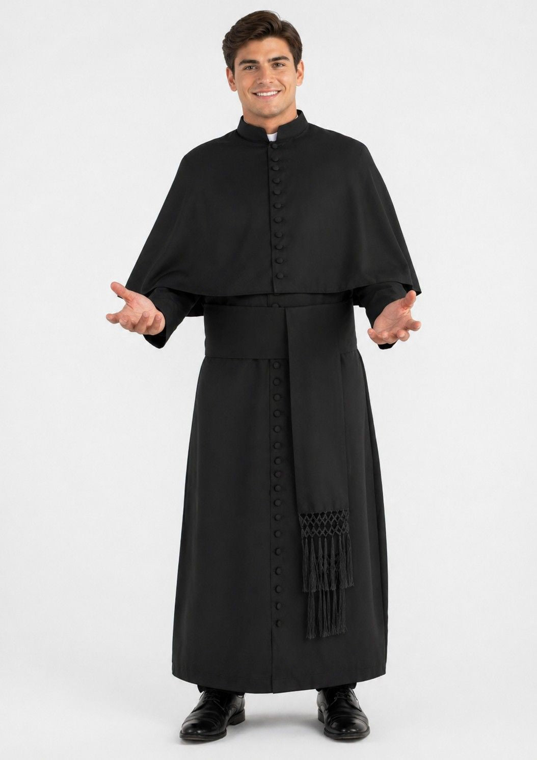 Man wearing a black religious robe on a white background