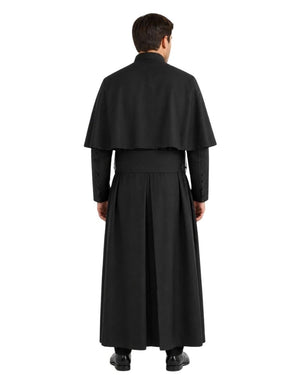 A man viewed from the back wearing a long black  robe with a wide cape-like upper section and long sleeves, standing against a plain white background.