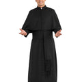 A man modeling a black clerical robe with a high collar, front button placket, wide sleeves, and a matching waist sash with fringe, photographed against a plain white background.