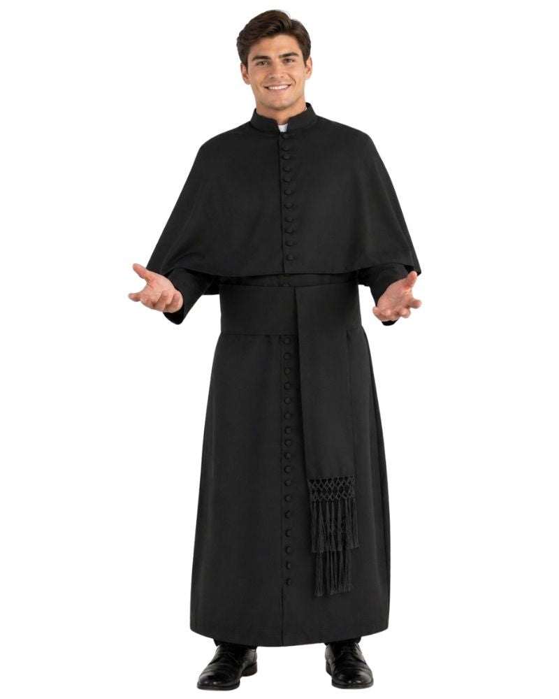 A man modeling a black clerical robe with a high collar, front button placket, wide sleeves, and a matching waist sash with fringe, photographed against a plain white background.