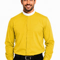 Man wearing a yellow long-sleeve clerical shirt with a white collar on a white background