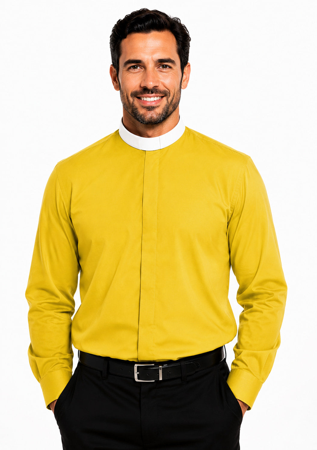Man wearing a yellow long-sleeve clerical shirt with a white collar on a white background
