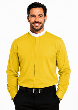 Man wearing a yellow long-sleeve clerical shirt with a white collar on a white background