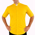 Man wearing a yellow clerical shirt on a white background