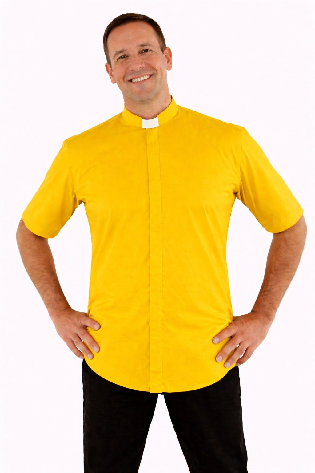 Man wearing a yellow clerical shirt on a white background