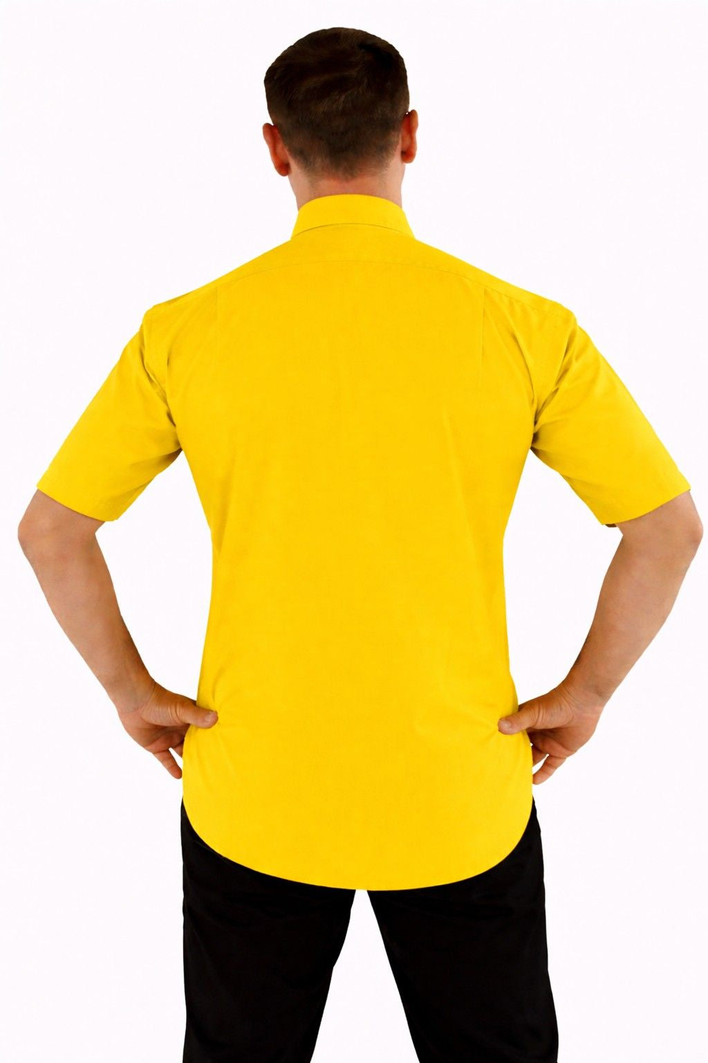 Men wearing a yellow shirt on a white background