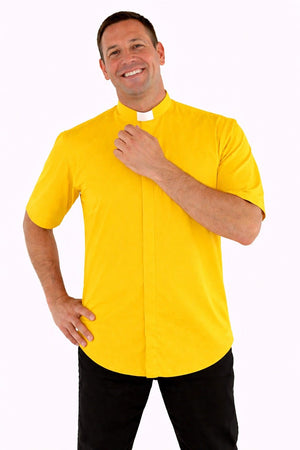 Man wearing a yellow clerical shirt with a white collar on a white background