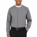 Man wearing a gray long-sleeve shirt with a white collar on a white background