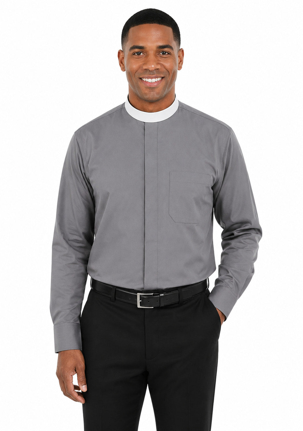 Man wearing a gray long-sleeve shirt with a white collar on a white background