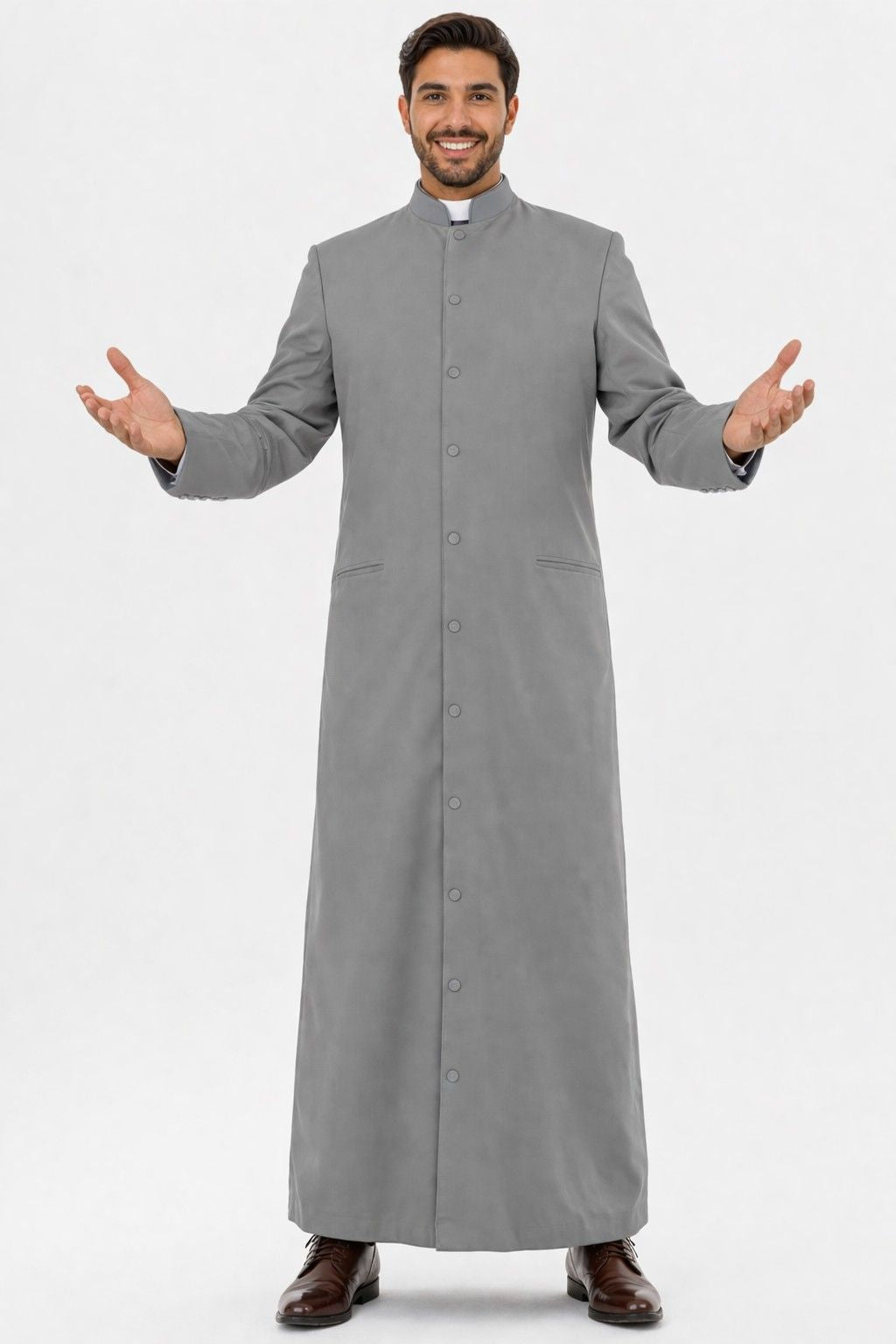 Man wearing a gray priest's robe on a white background