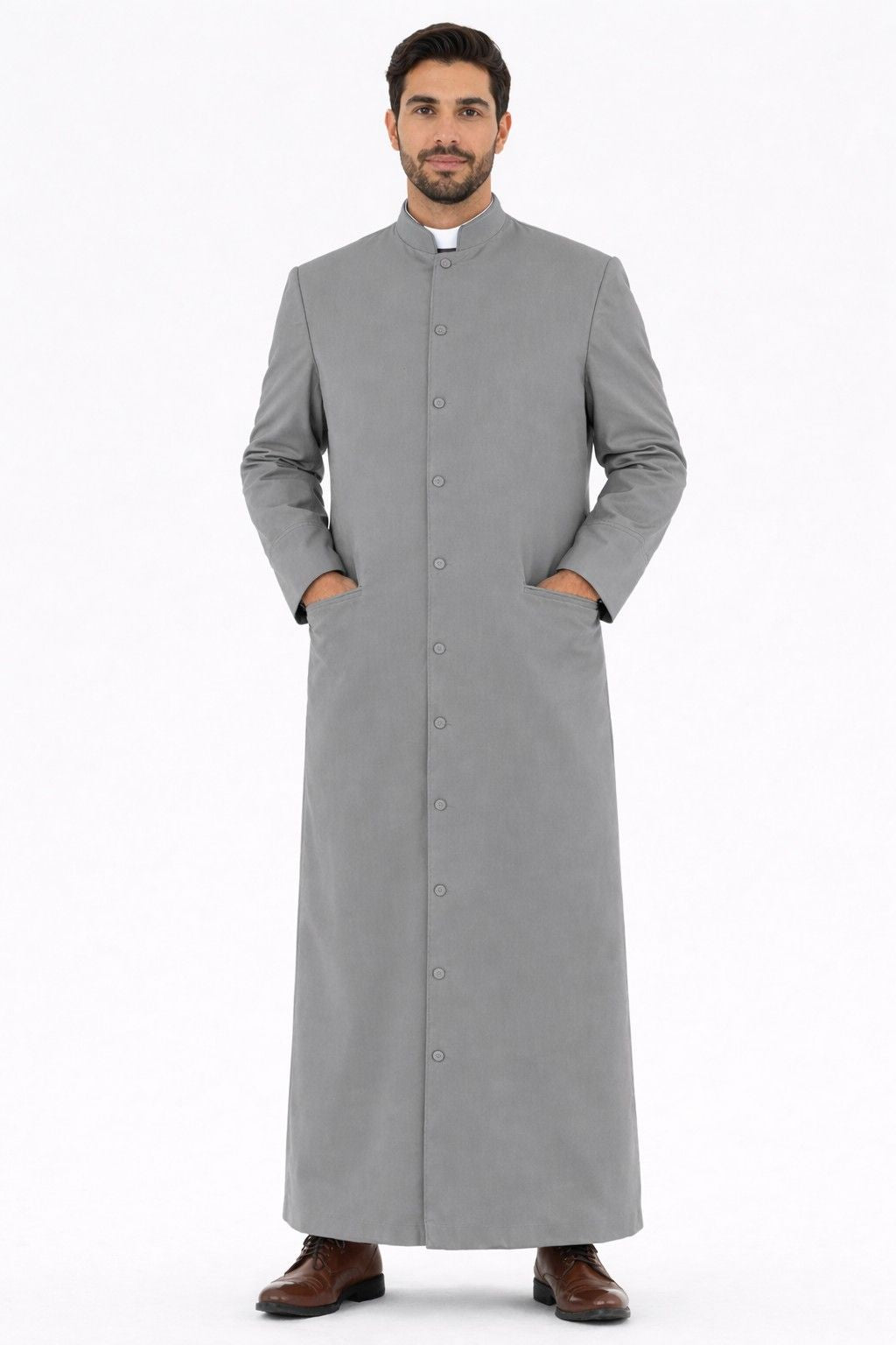 Man wearing a long gray robe on a white background
