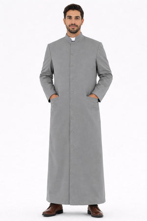 Man wearing a long gray robe on a white background