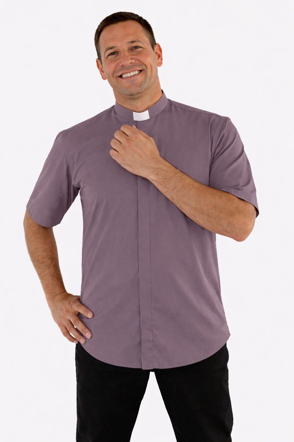 Man wearing a gray clerical shirt with a white collar on a white background