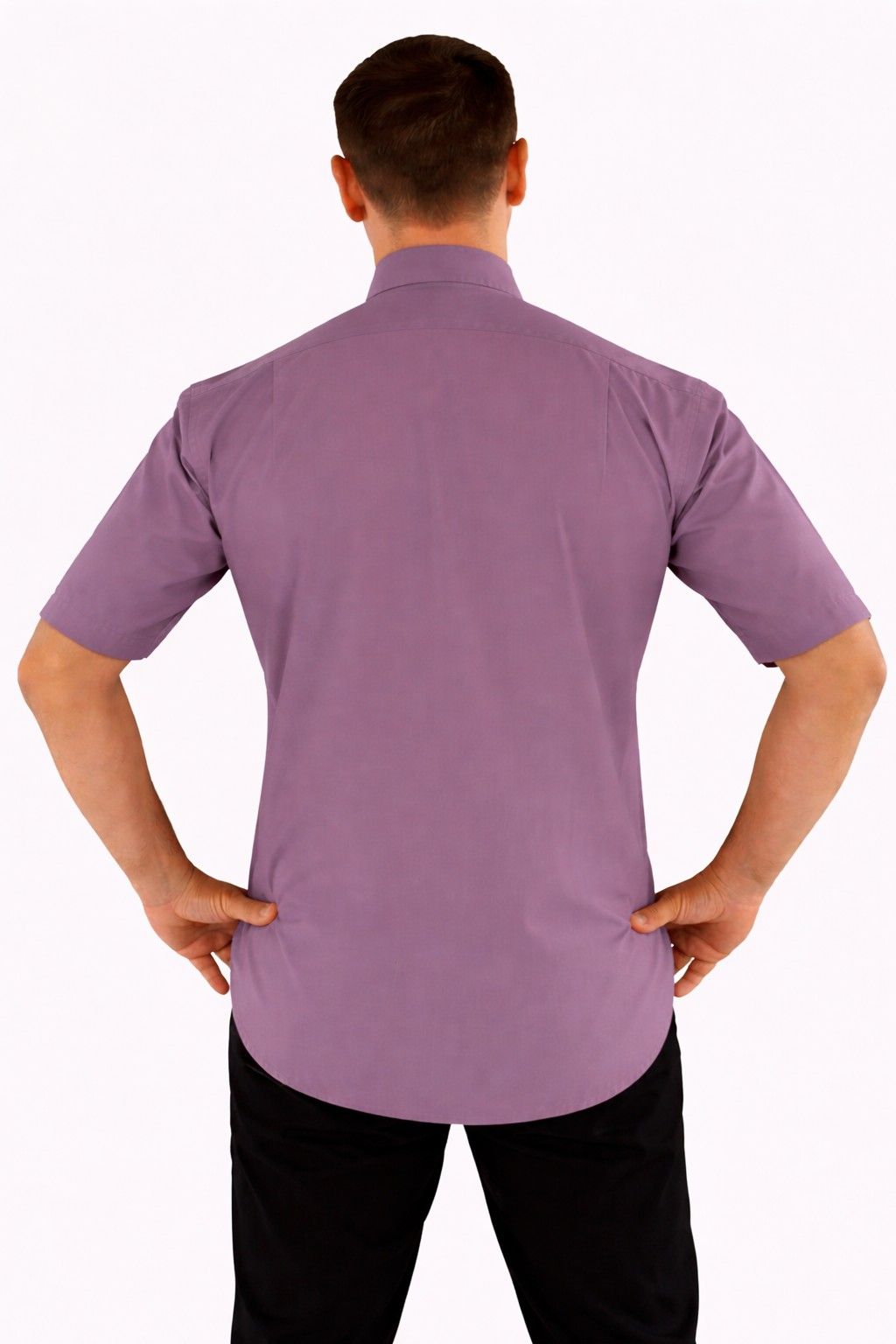 Man wearing a gray shirt from behind on a white background