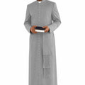 Man wearing a long gray coat on a white background